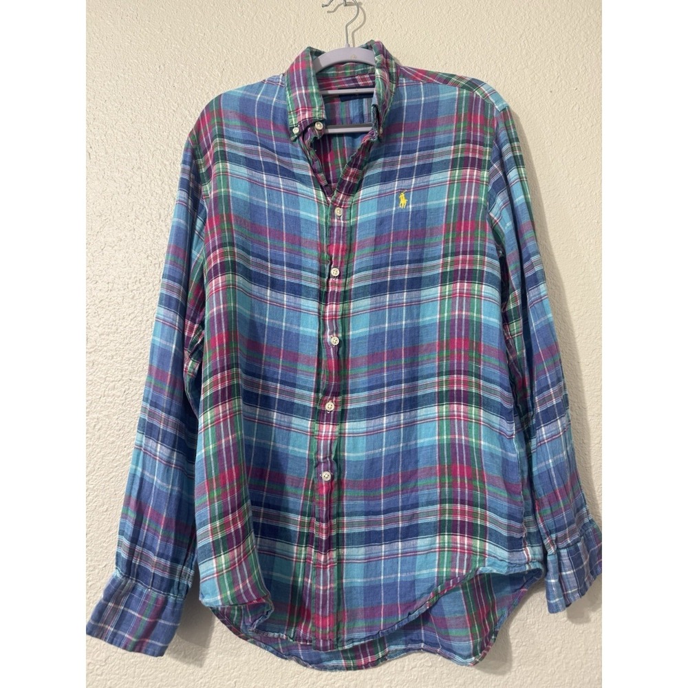 Ralph Lauren Men's M Linen Plaid Button Down Preppy Classic